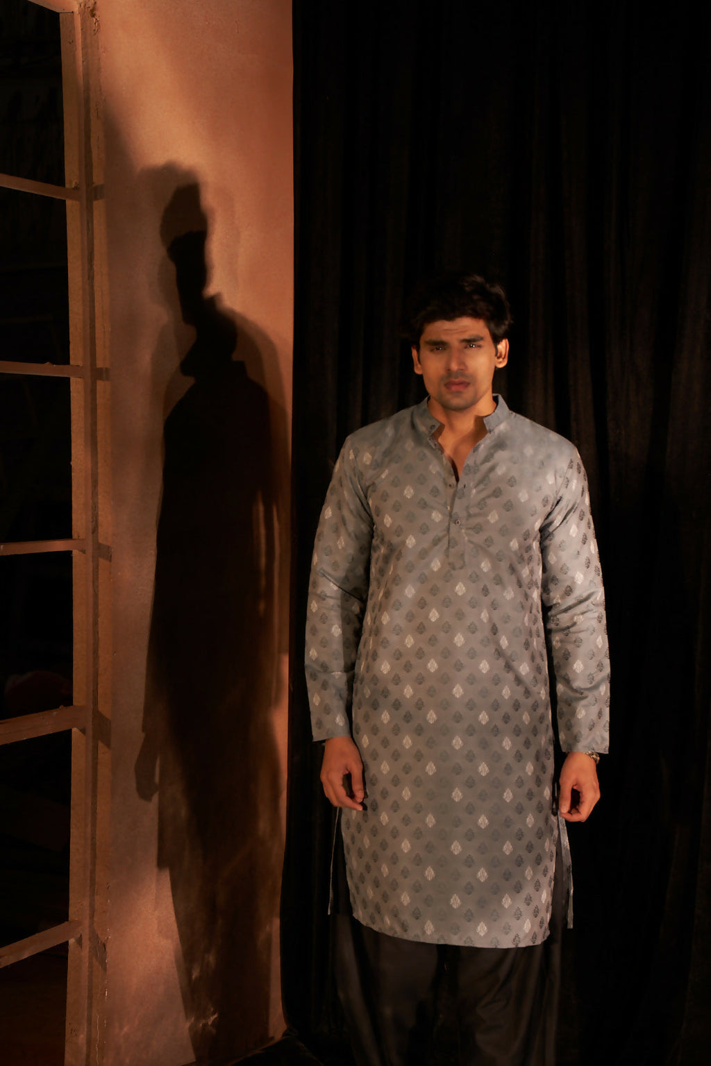 Greyish Blue Viscose Wevon Designer Men's Kurta Set - Mahotsav