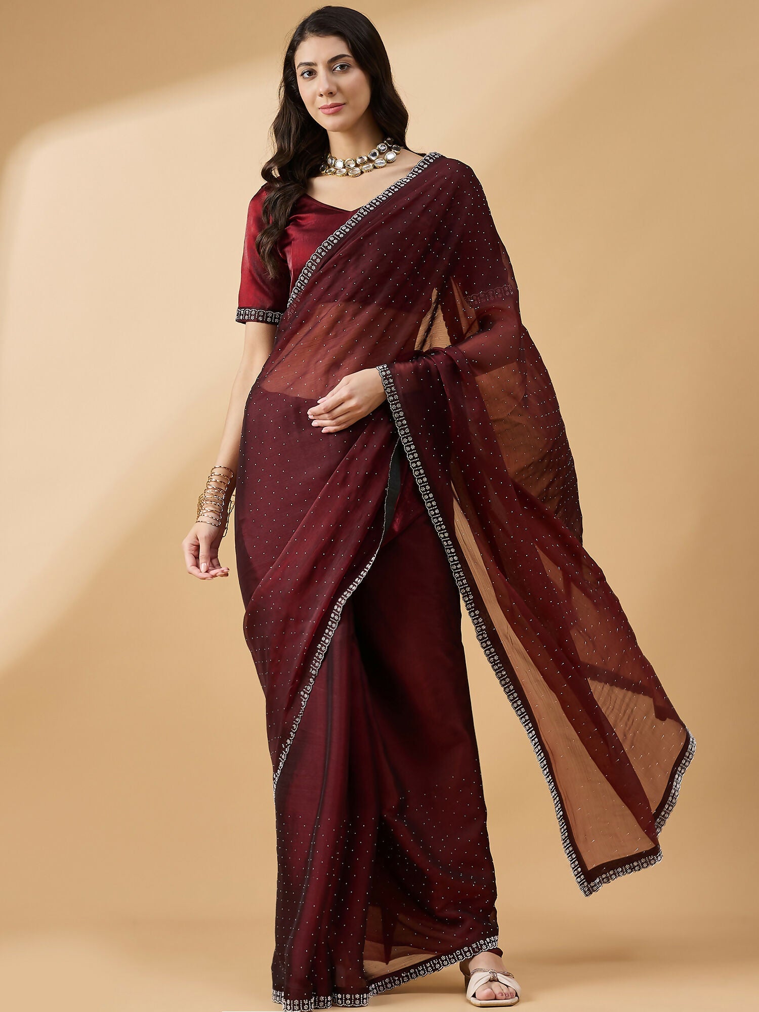 Brown Organza Swaroski Diamond Work Saree with Unstitched Blouse - Radha