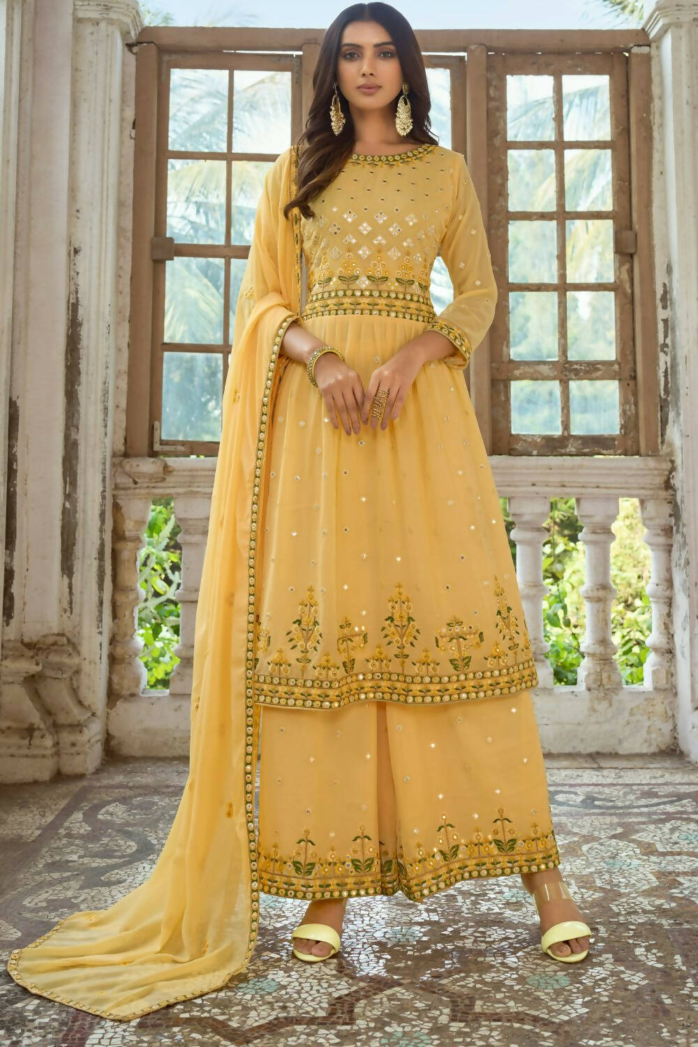 Yellow Heavy Fox Georgette Embroidered Semi Stitched Suit - Dhvani