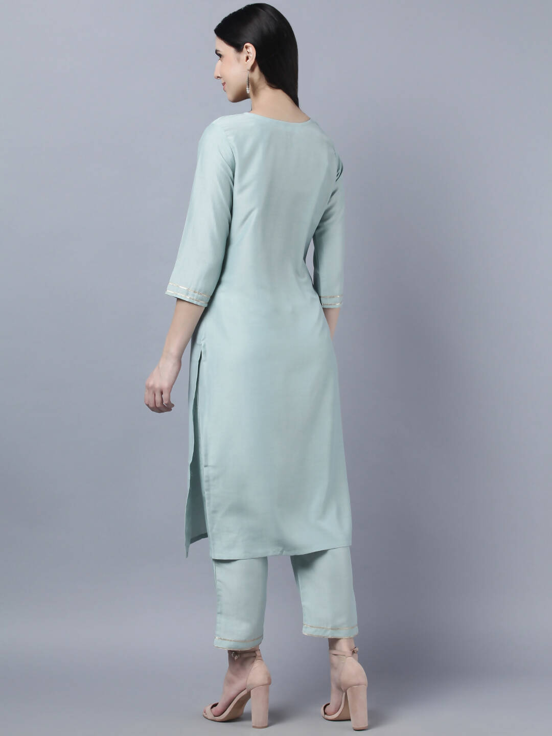 Myshka Women Grey Yoke Design Gotta Patti Kurta with Trousers Dupatta Set
