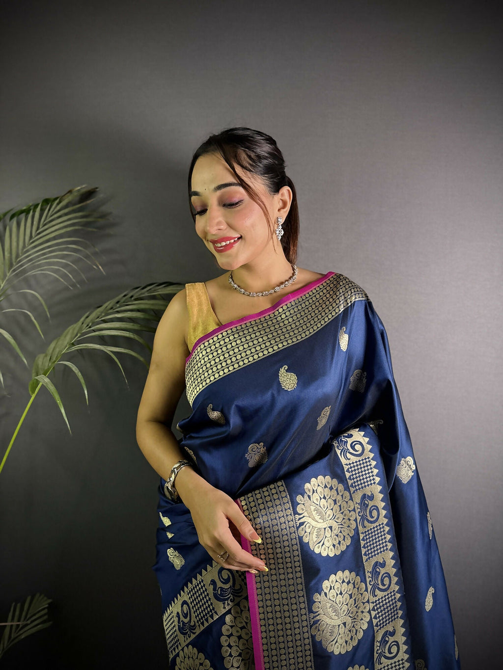 Joban Fashion Navy Blue Banarasi Soft Lichi Silk Paisley Saree