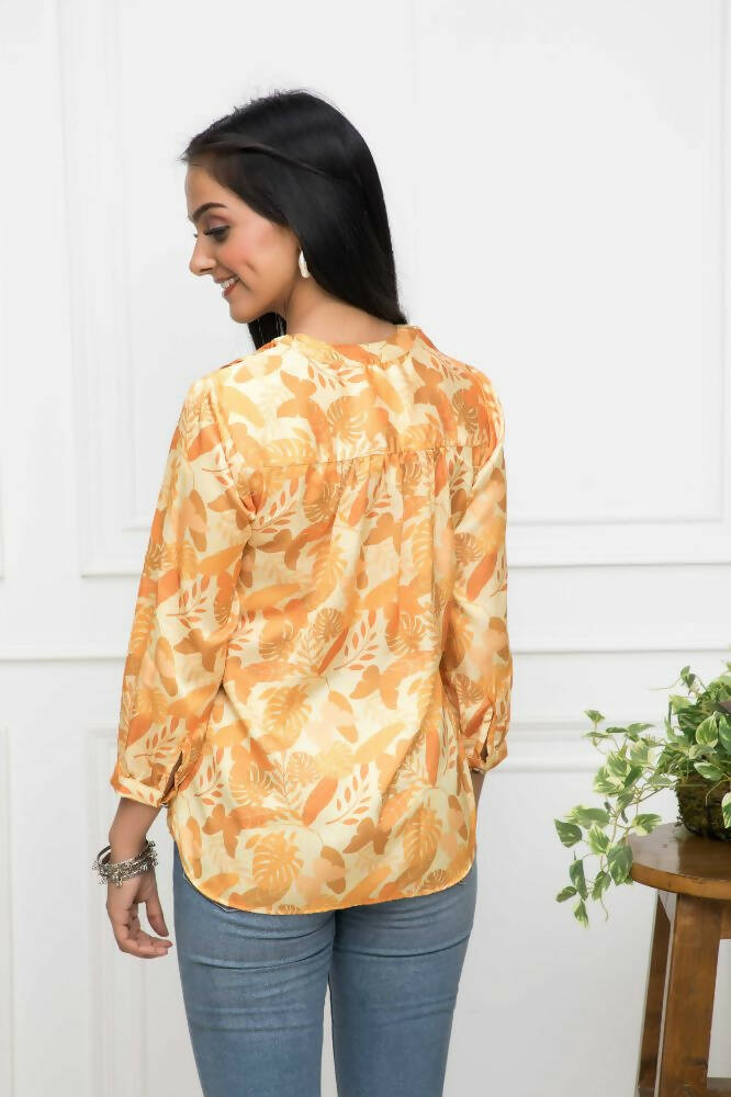 Myshka Women Floral V-Neck Regular Sleeves Polyester Mustard Top