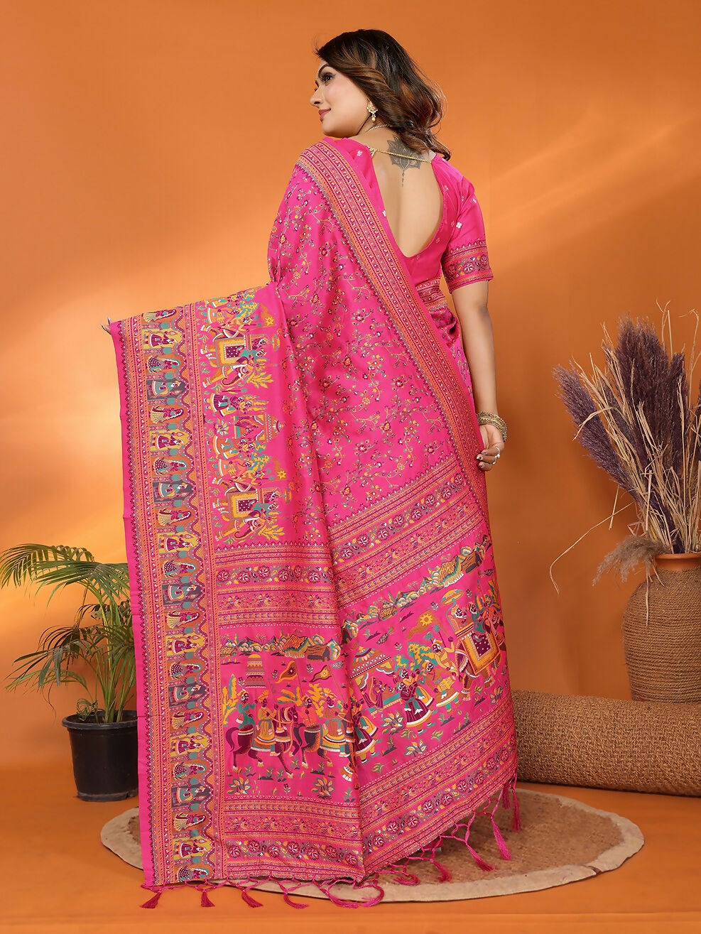 Joban Fashion Pink Meena Weaves Pashmina Sarees