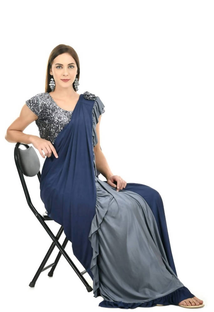 Mominos Fashion All Season Wear Gray And Blue Ruffled Ready To Wear Saree