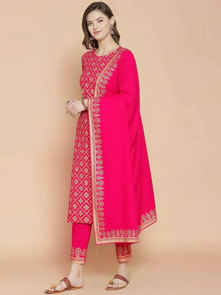 Vamika Foil Print Cotton Pink Party Wear/Casual Wear Kurta Set/Suit