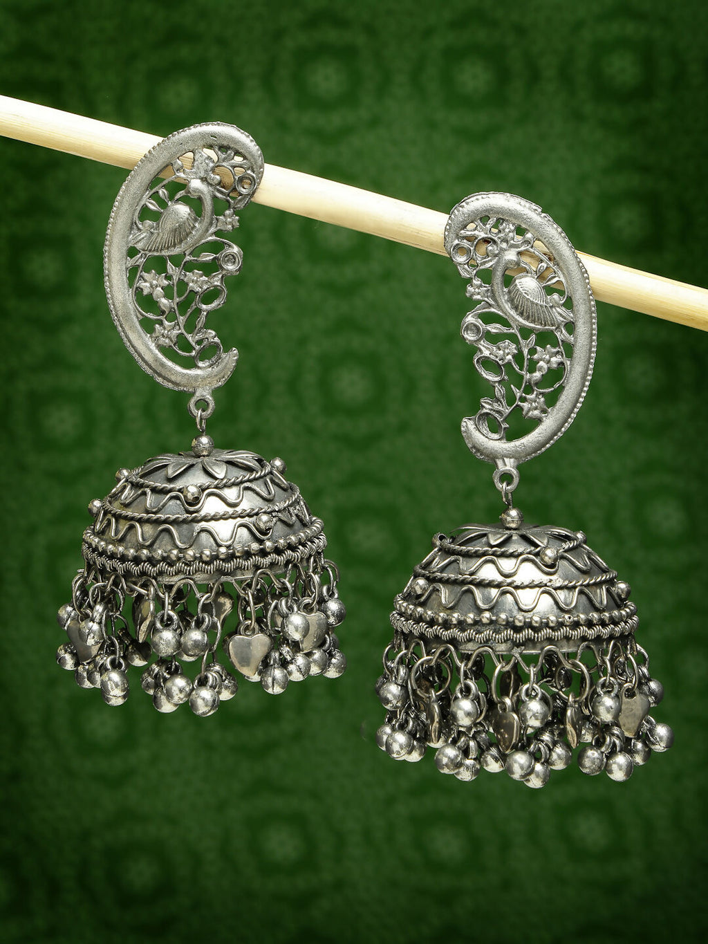 NVR Women's Silver-Plated Oxidised Dome Shaped Jhumka Earrings