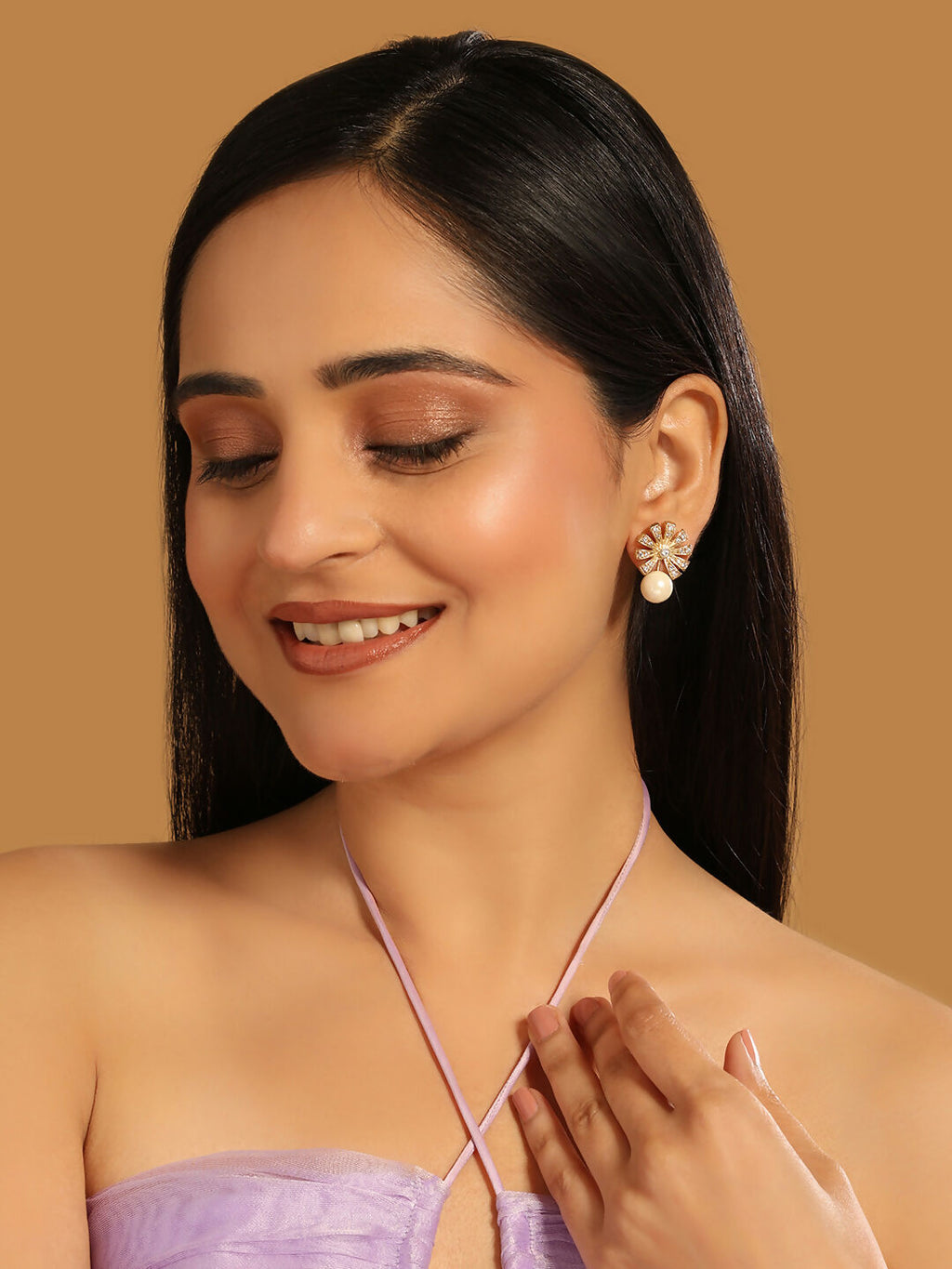 Nuyug 22K Gold-Plated Pearl Drop Zircon Floral Shaped Mini Stud Earrings