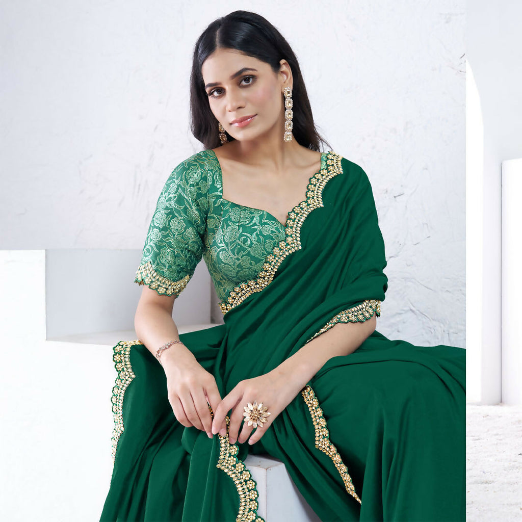 Green Pure Crepe Silk Diamond With Hand Work Saree With Unstitched Blouse - Norita Swaraa