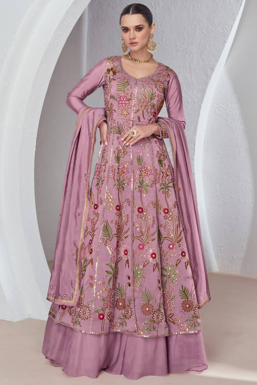 Lorenvalley Fashion Pink Viscose Silk Embroidery Work Gown Skirt Stitched