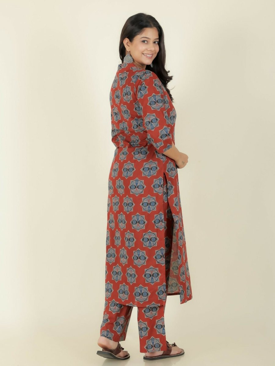 Aramya Red Soft Cotton Ajrakh Straight Kurta for Women