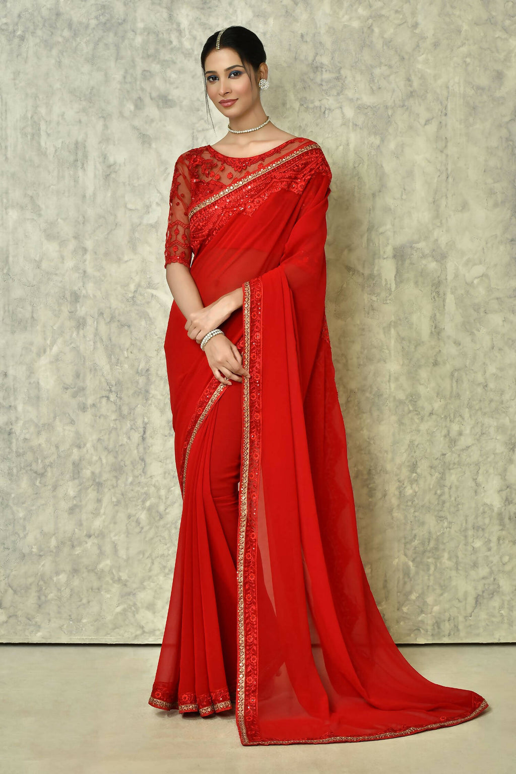 Red Georgette Plain Saree with Blouse Piece - Purvi