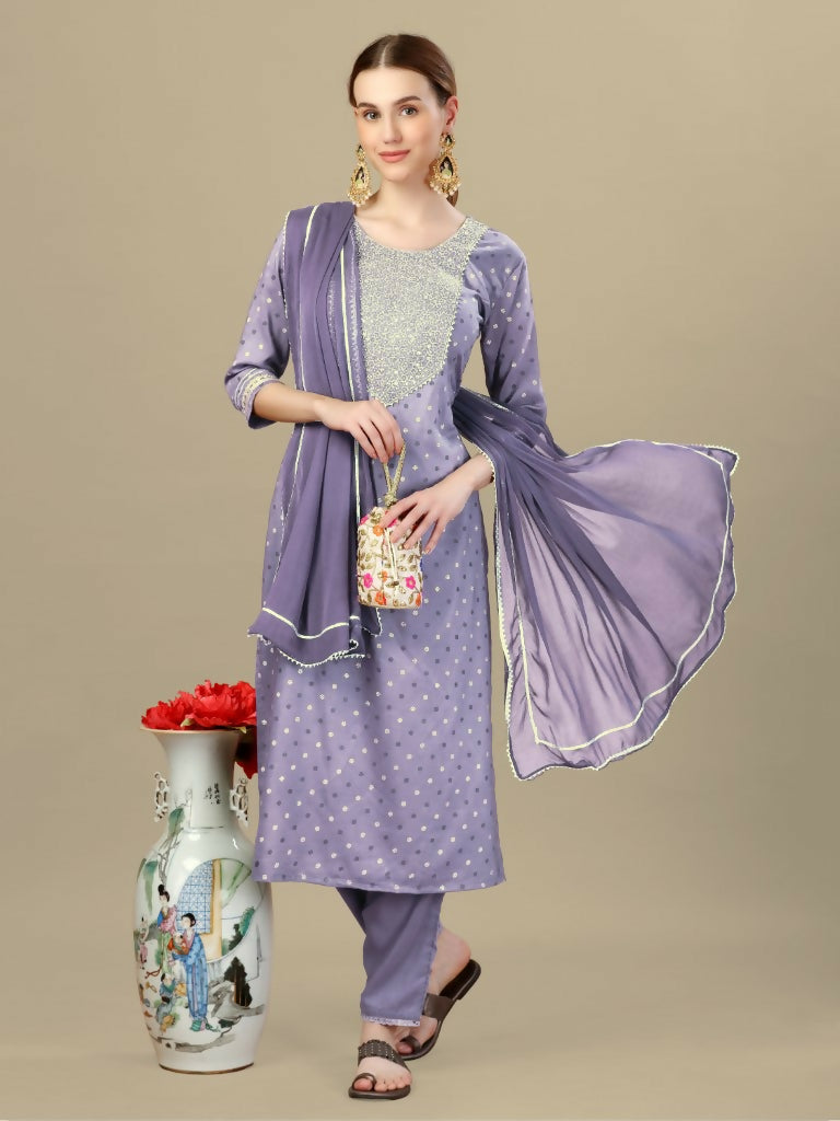 Jyoti Fashion Women's Lavender Silk Blend Embroidery & Sequence work Kurta with Trouser & Dupatta