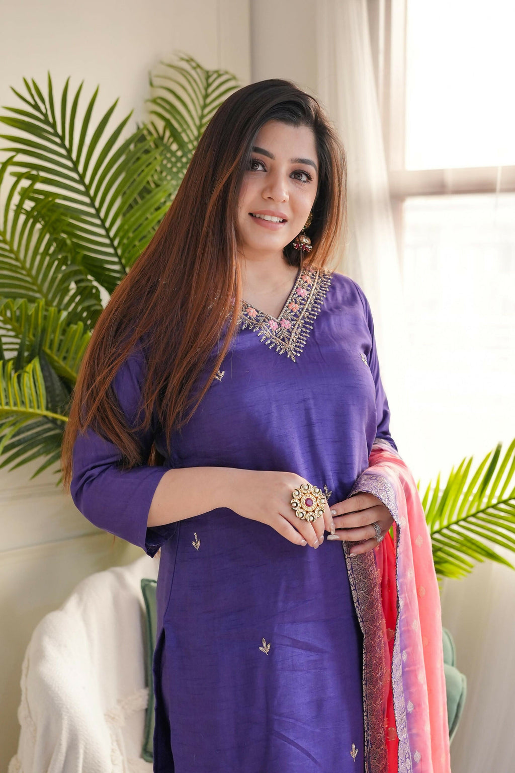The52 Purple Women's Gorgeous Embroidered Vichitra Fabric Straight Kurta Pant with Dupatta Set