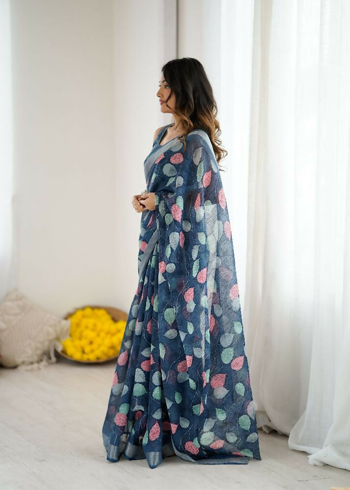 PR Fashion Dark_Blue Linen Patta Printed Saree