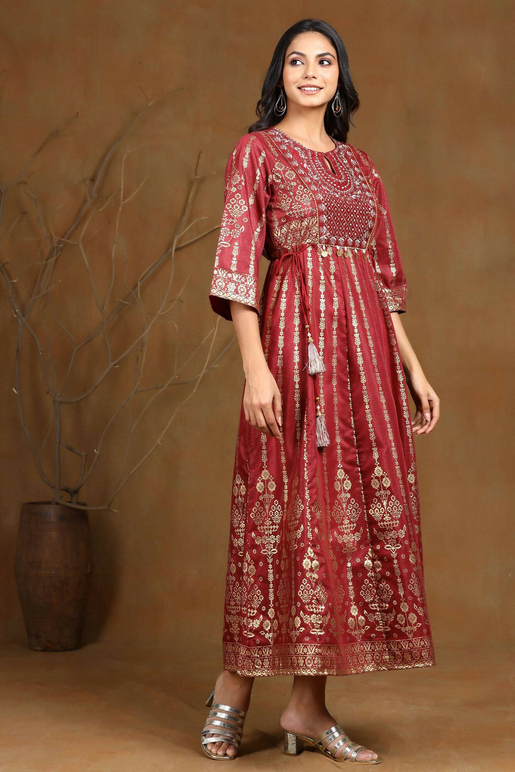 Juniper Women Maroon Shantoon Printed Anarkali Dress