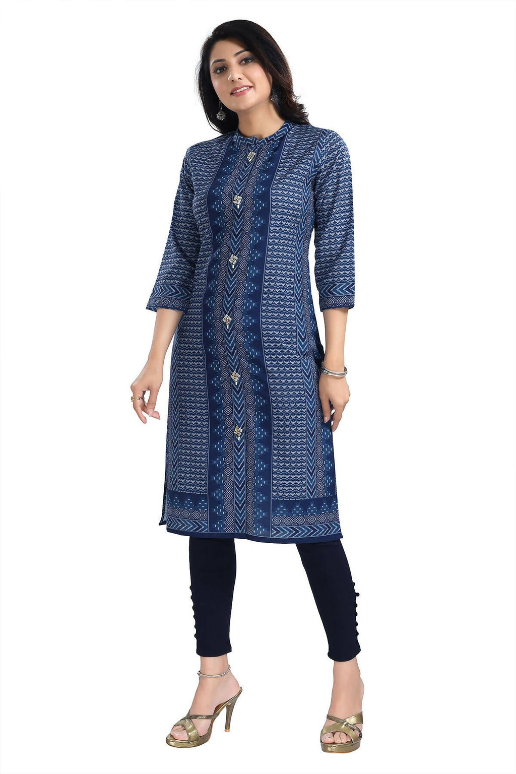 Snehal Creations Blue Designer Digital Print Cotton Slub Fabric Long Kurti Tunic