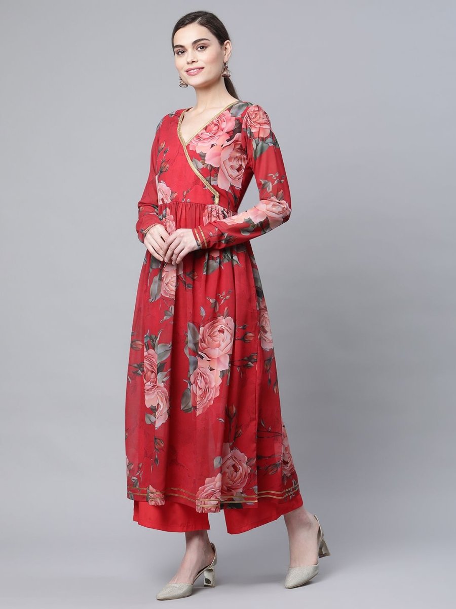 Ahalyaa Women Red Georgette Digital Floral Printed Kurta Palazzo Set