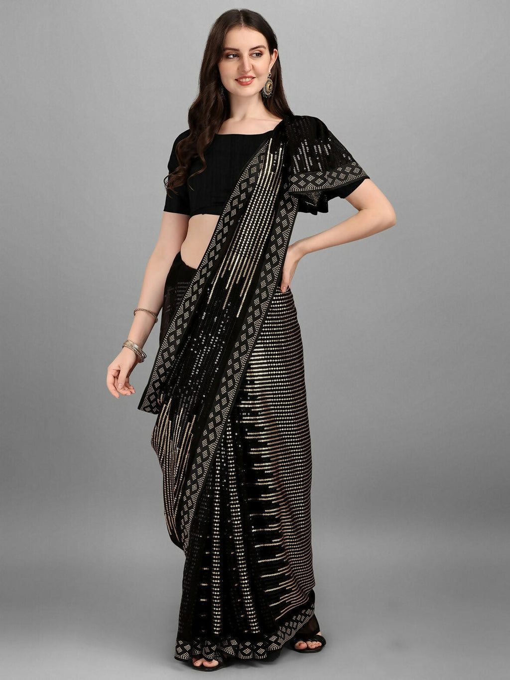 Vegaa Fashion Black Georgette Embroidered Party Wear Saree
