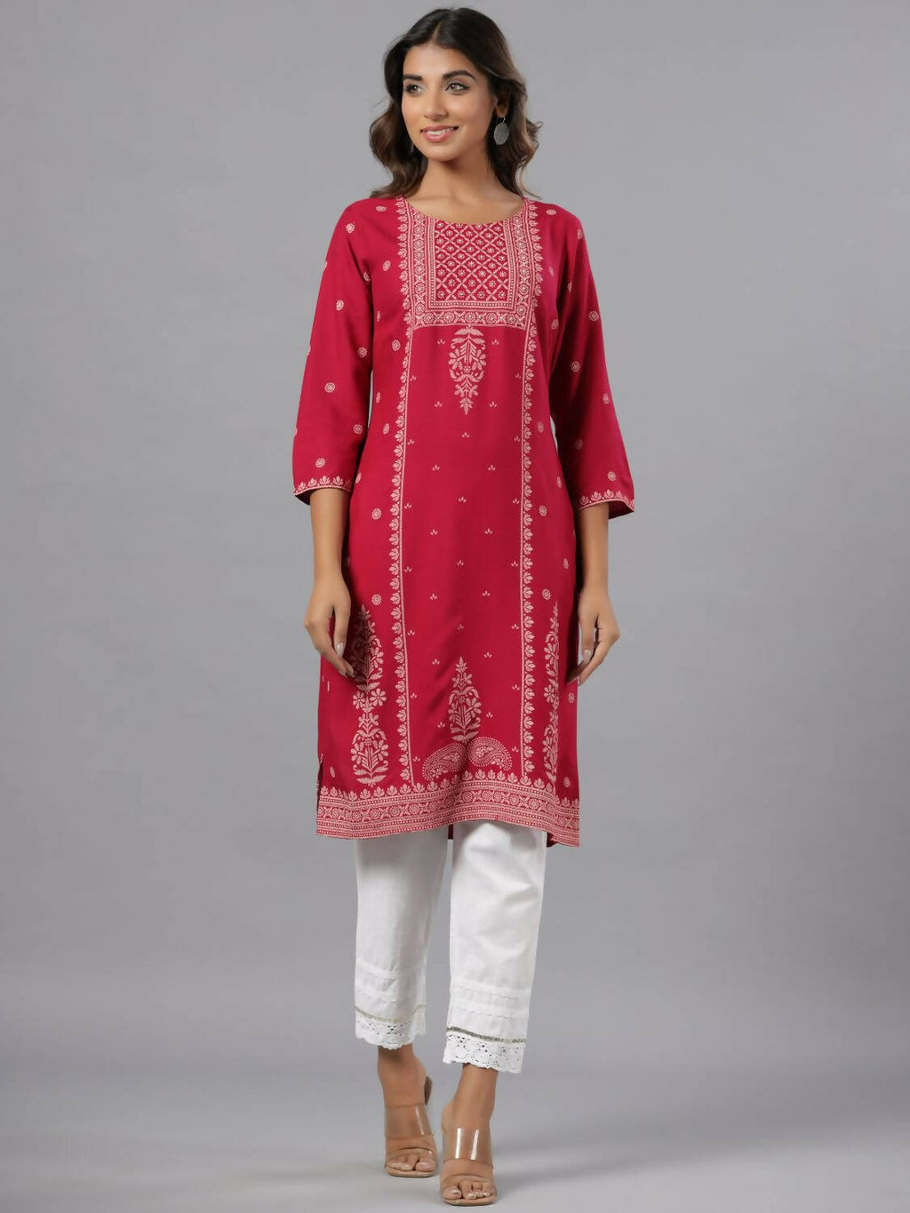 Juniper Women Fuchsia Rayon Printed Knee Length Straight Kurta