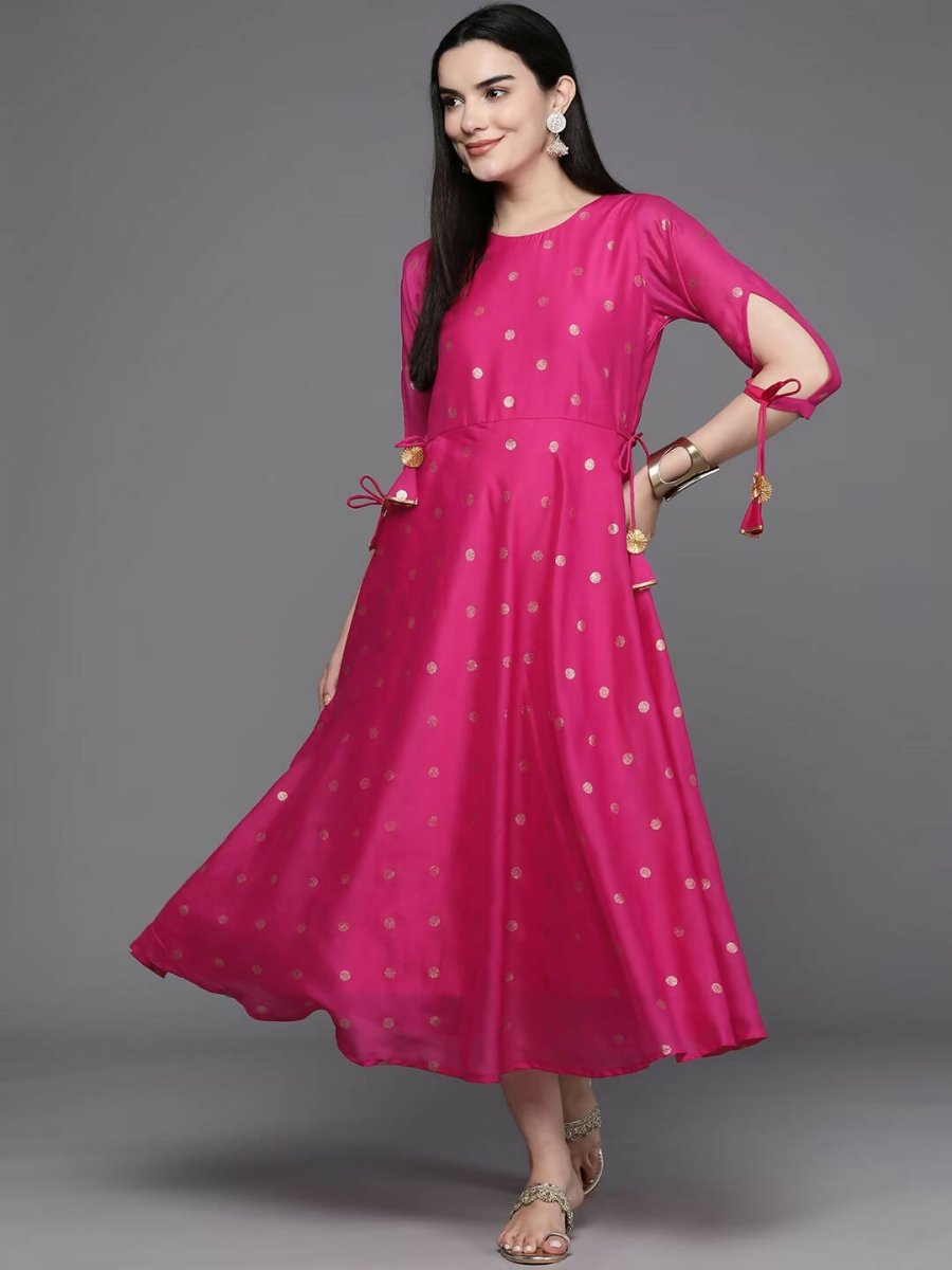Ahalyaa Women Foil Printed A-Line Midi Ethnic Dress - Pink Color