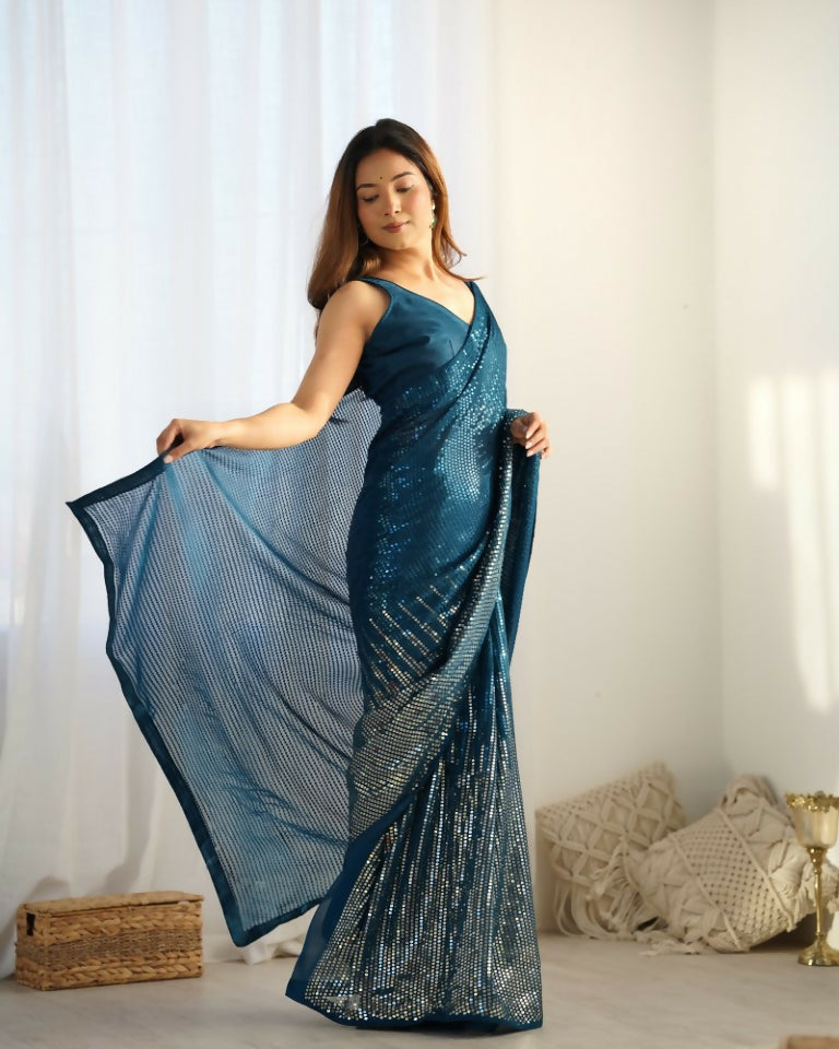 Petrol Georgette Designer Sequence Embroidery Work Saree - Sitare