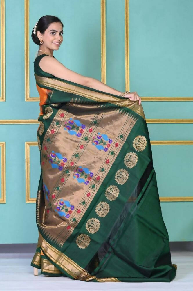Very Much Indian Authentic Pure Silk Handloom Orange Maharani Paithani