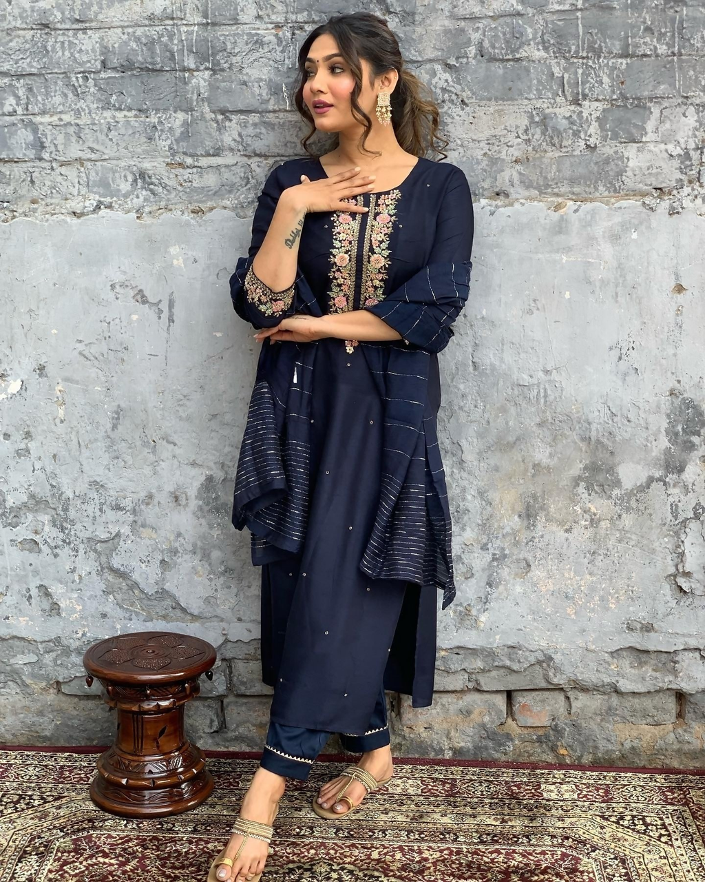 The52 Blue Women's Gorgeous Embroidered Viscose Chanderi Fabric Straight Kurta Pant with Dupatta Set
