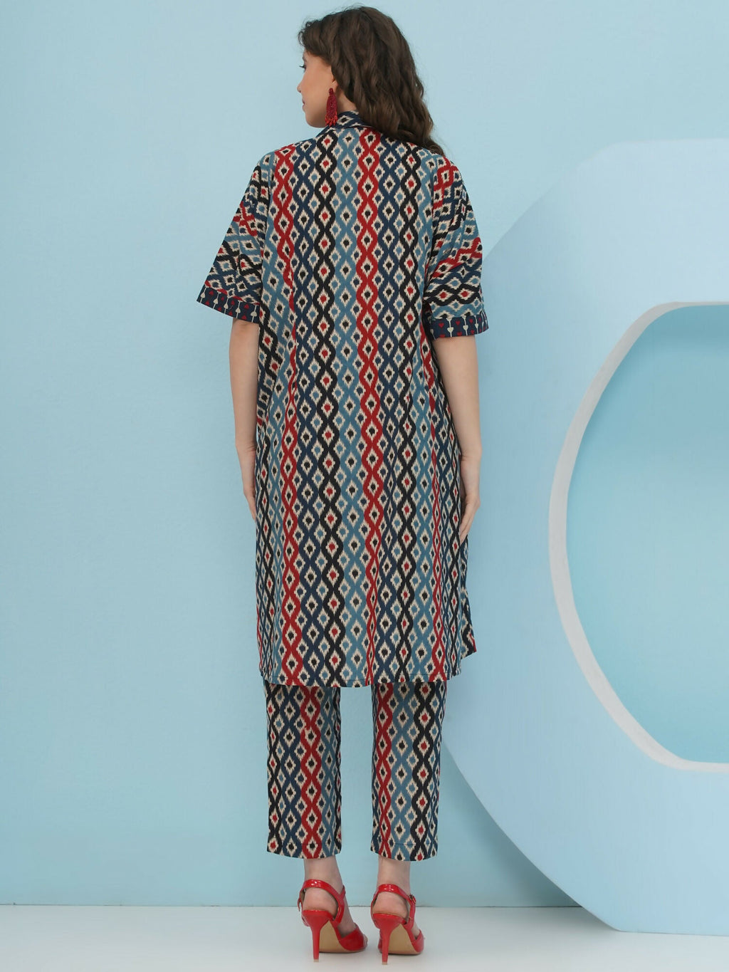 Joban Fashion Ikkat Kaftan Set - Blue Red