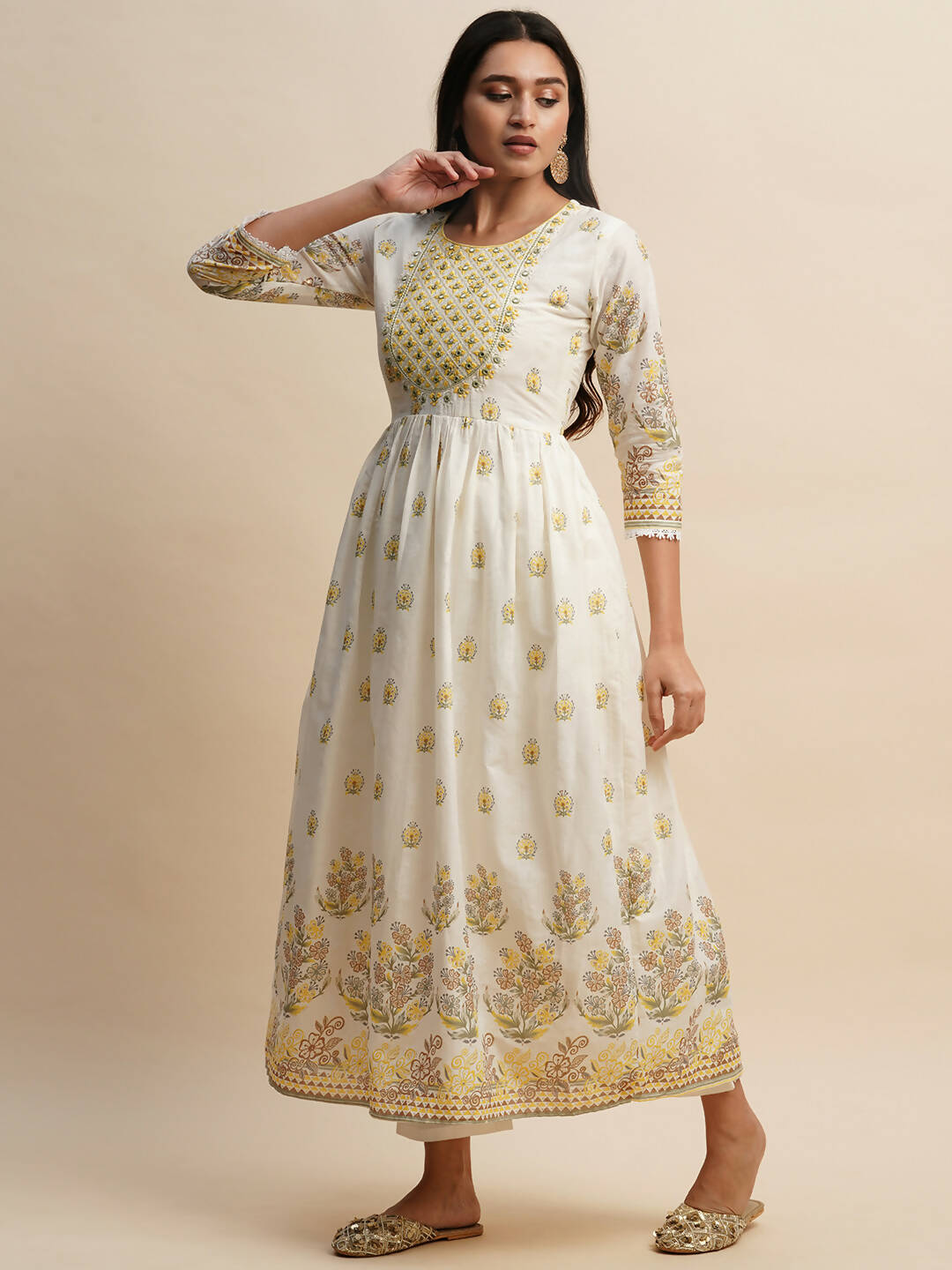 White And Yellow Pure Cotton Floral Printed Anarkali Kurta And Bottom With Dupatta - Akashara