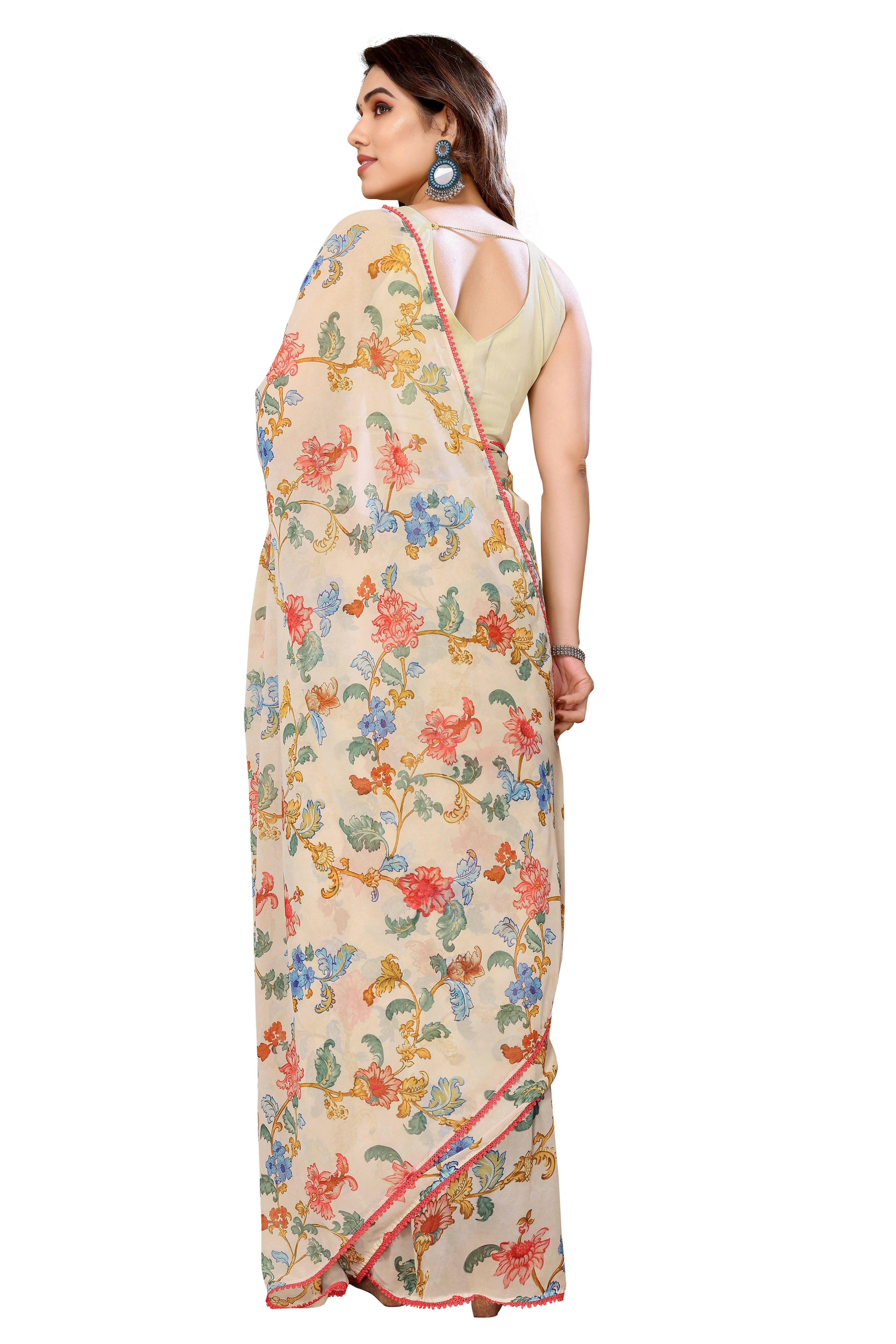Women's Partywear Designer Off white Georgette Fancy Saree - Satrangi