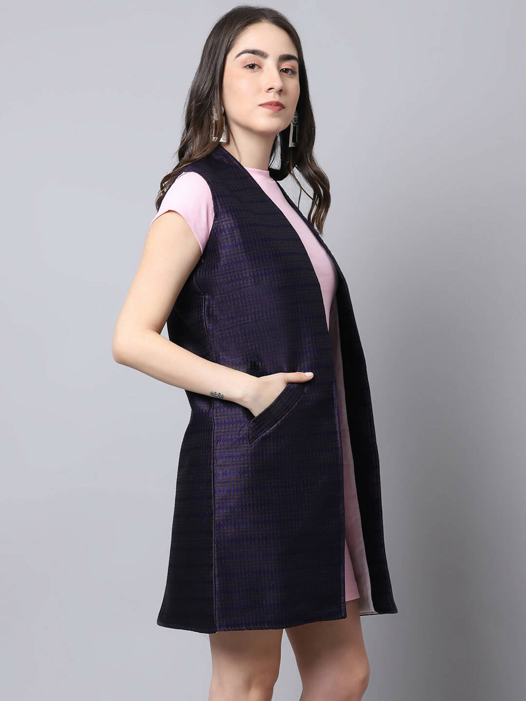 Even Apparels Navy Bansari Silk Open Front Women's Long Coat
