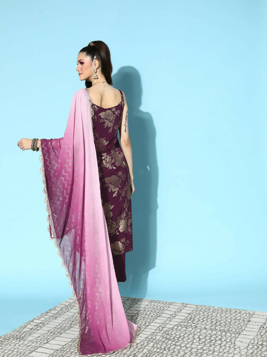 Ahalyaa Women's Wine Crepe Gold Smoke Printed Kurta Pant Set With Dupatta