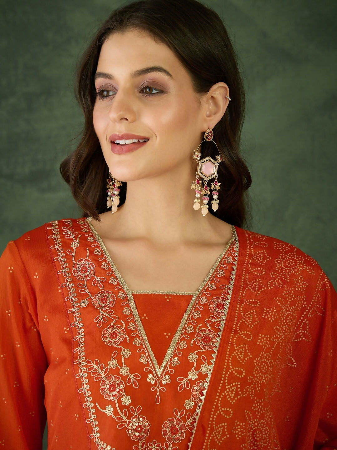 The52 Orange Women's Gorgeous Embroidered Chinon Fabric Flared Kurta Pant and Dupatta Set
