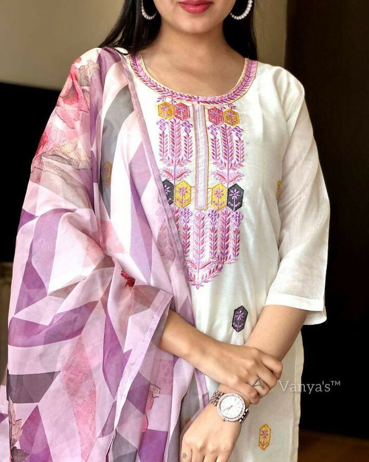 The52 Off White Women's Gorgeous Embroidered Viscose Chanderi Fabric Straight Kurta Pant with Dupatta Set