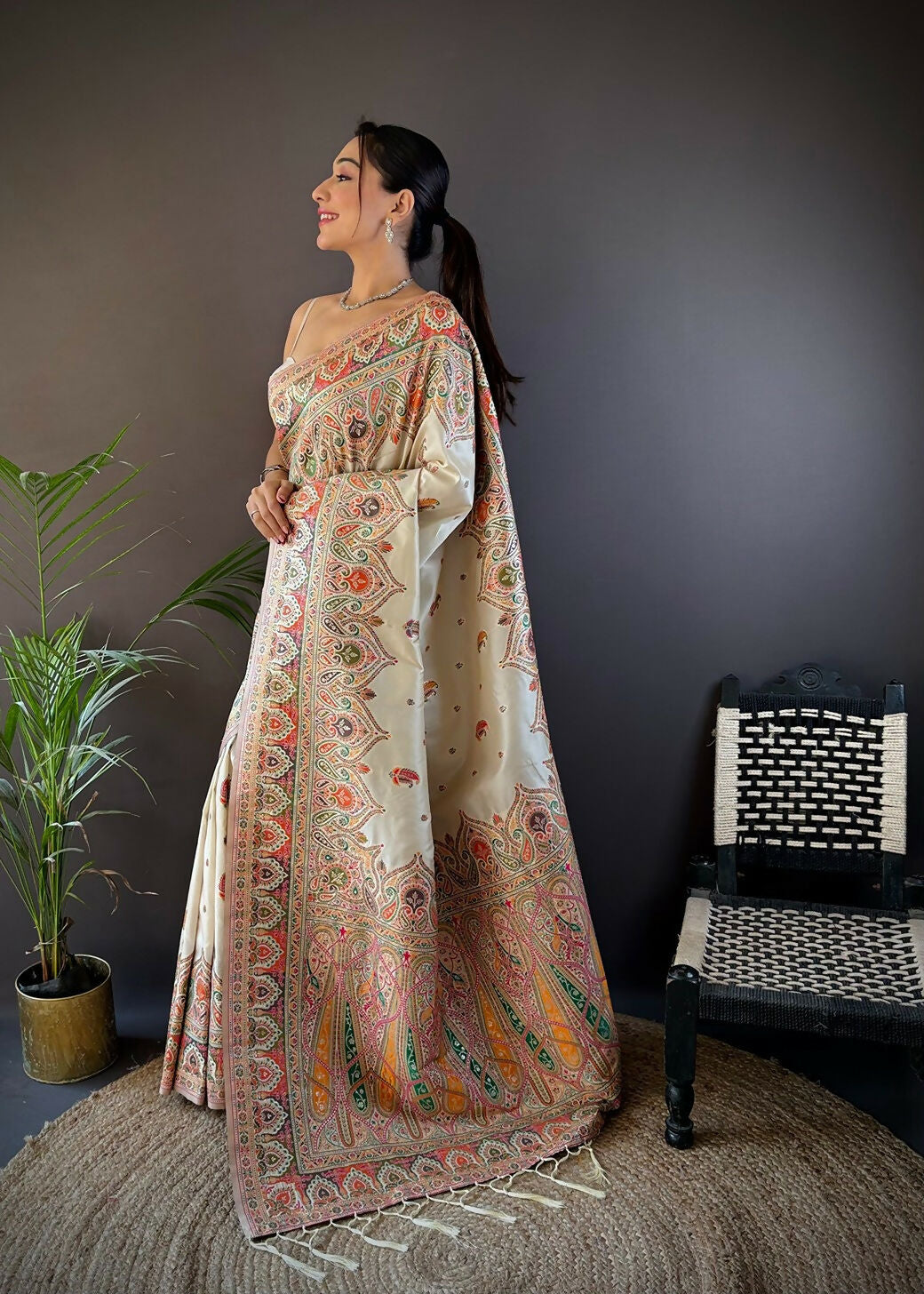 Joban Fashion White Meena Weaves Pashmina Sarees