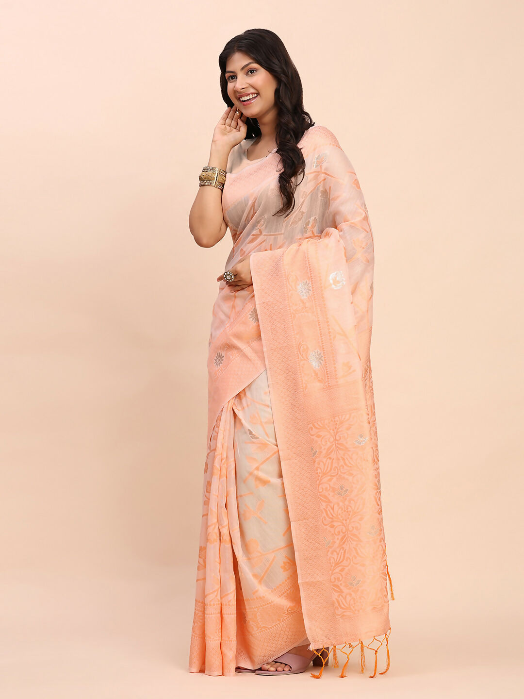Shree Shyam Fashion Linen Cotton Peach Saree