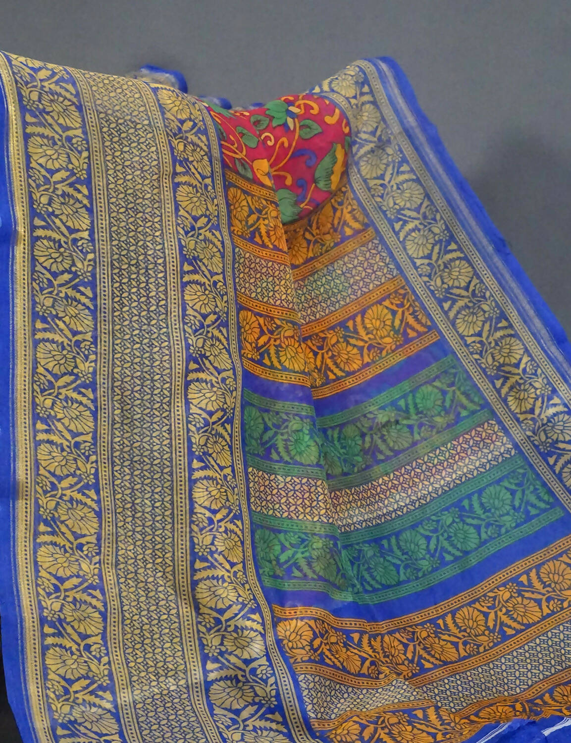 Shades Of Rani Pink Kalamkaari Design Semi Chanderi Saree With Contrast Blouse By Gayathri Reddy Designer Studio