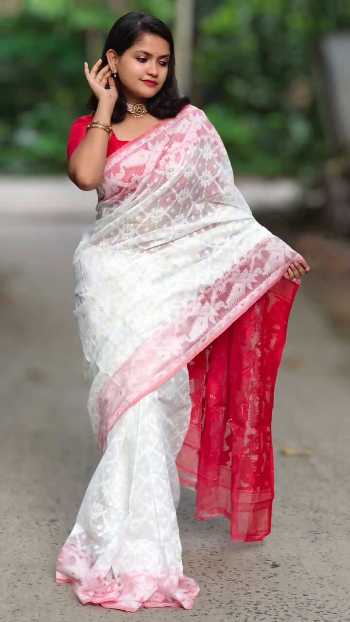 Exclusive Collection White Red White Red Jamdani Saree