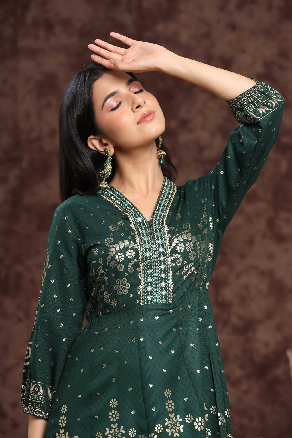 Juniper Women Jadegreen Rayon Printed Anarkali Dress