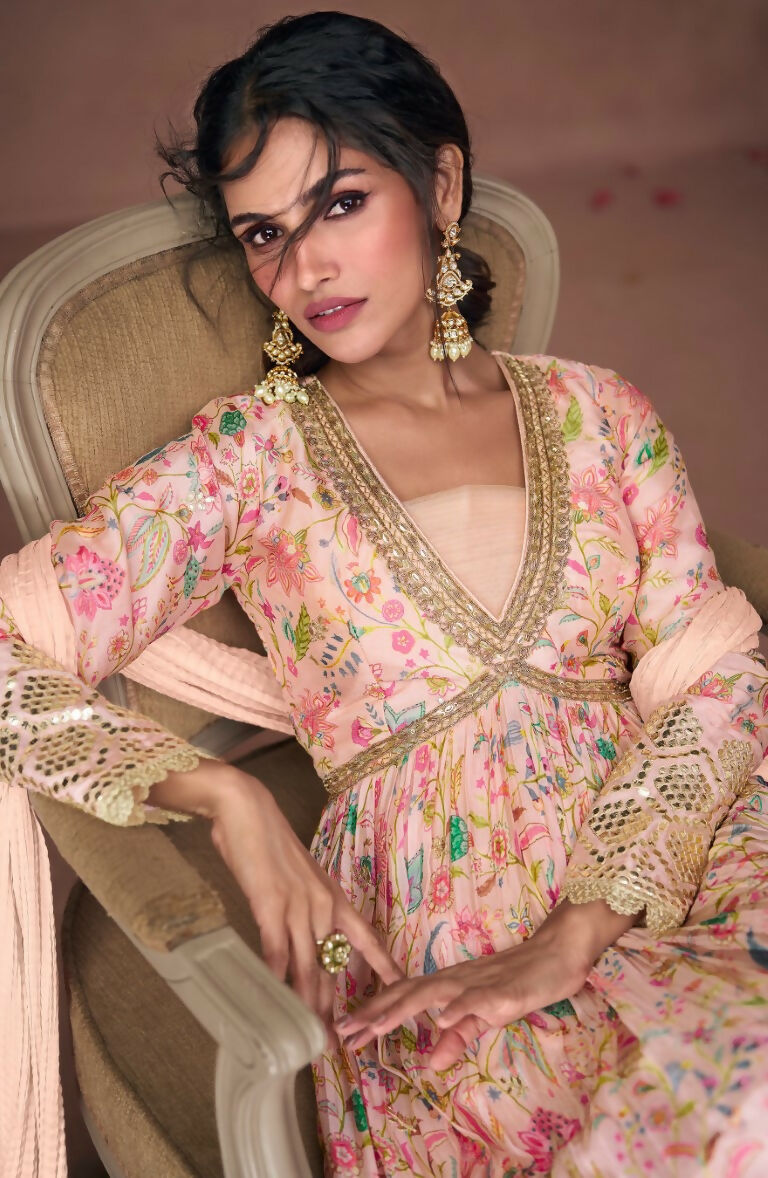 Vastranavya Peach Anarkali Suit Set In Organza Silk Floral Printed & Foil Mirror Work