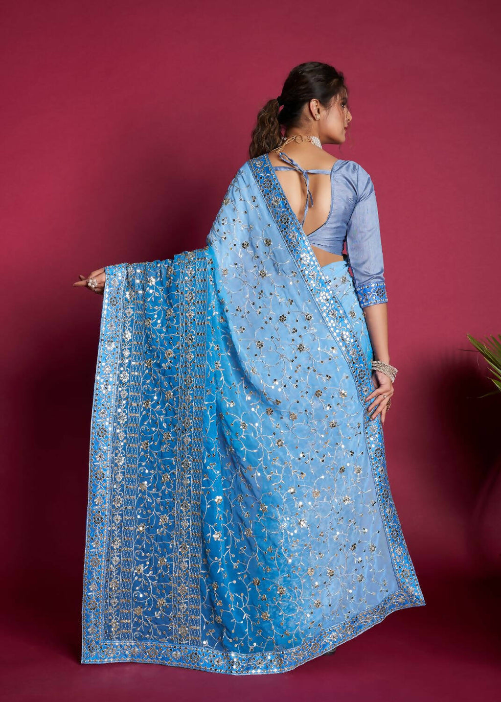 Vamsee Blue & White Georgette Designer Saree