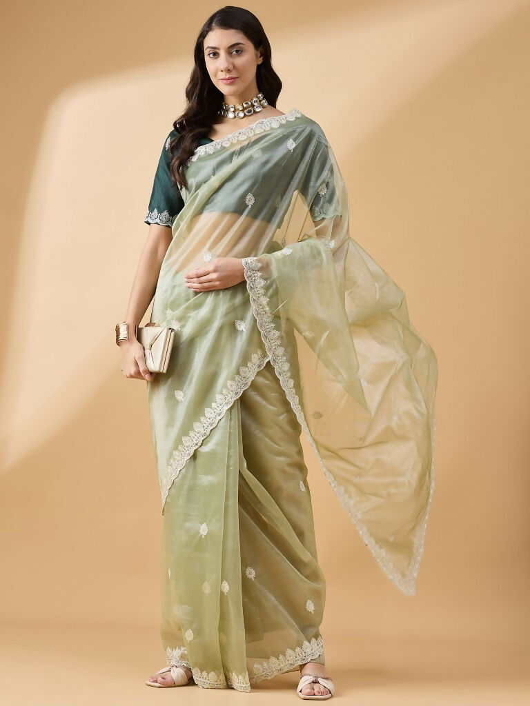 Green Organza Sequence Embroidered Saree with Unstitched Blouse - Satya