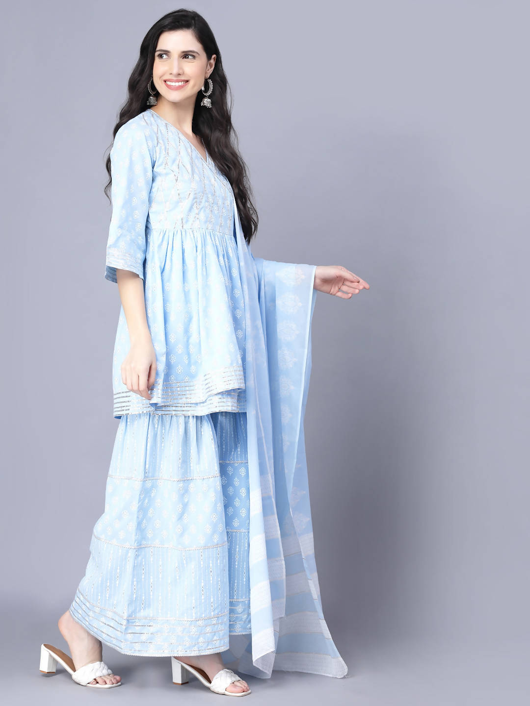 Myshka Cotton Printed 3/4 Sleeve V Neck Turquoise Blue Women Sharara Set