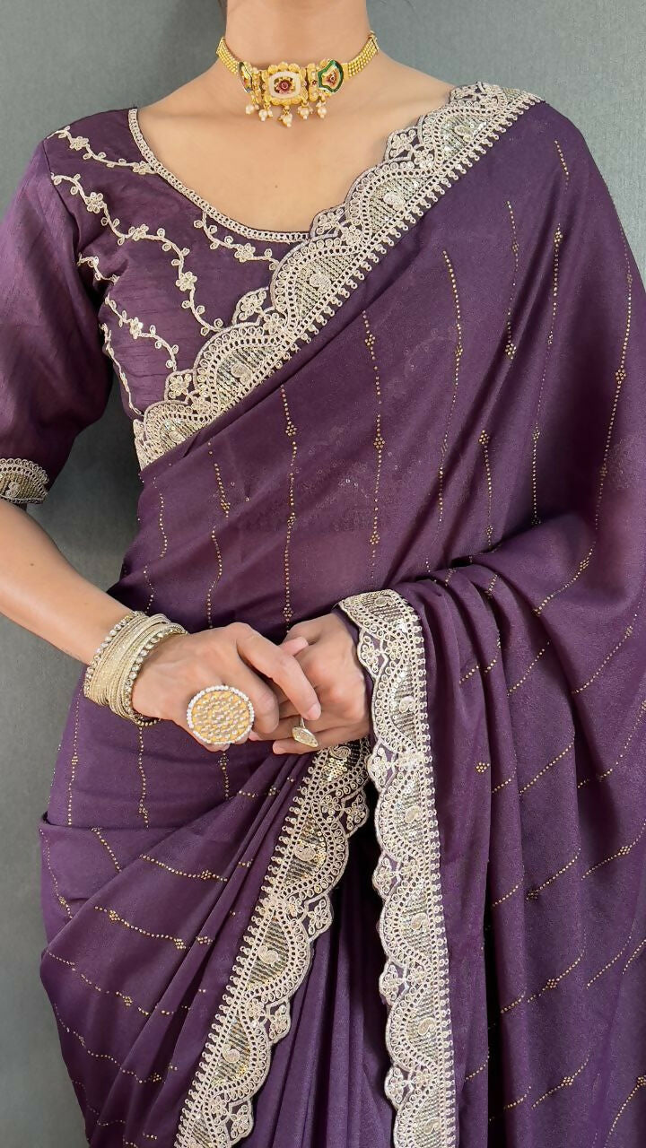 Vastranavya Purple Georgette Silk Swarovski & Heavy Lace Work Ready to Wear Saree