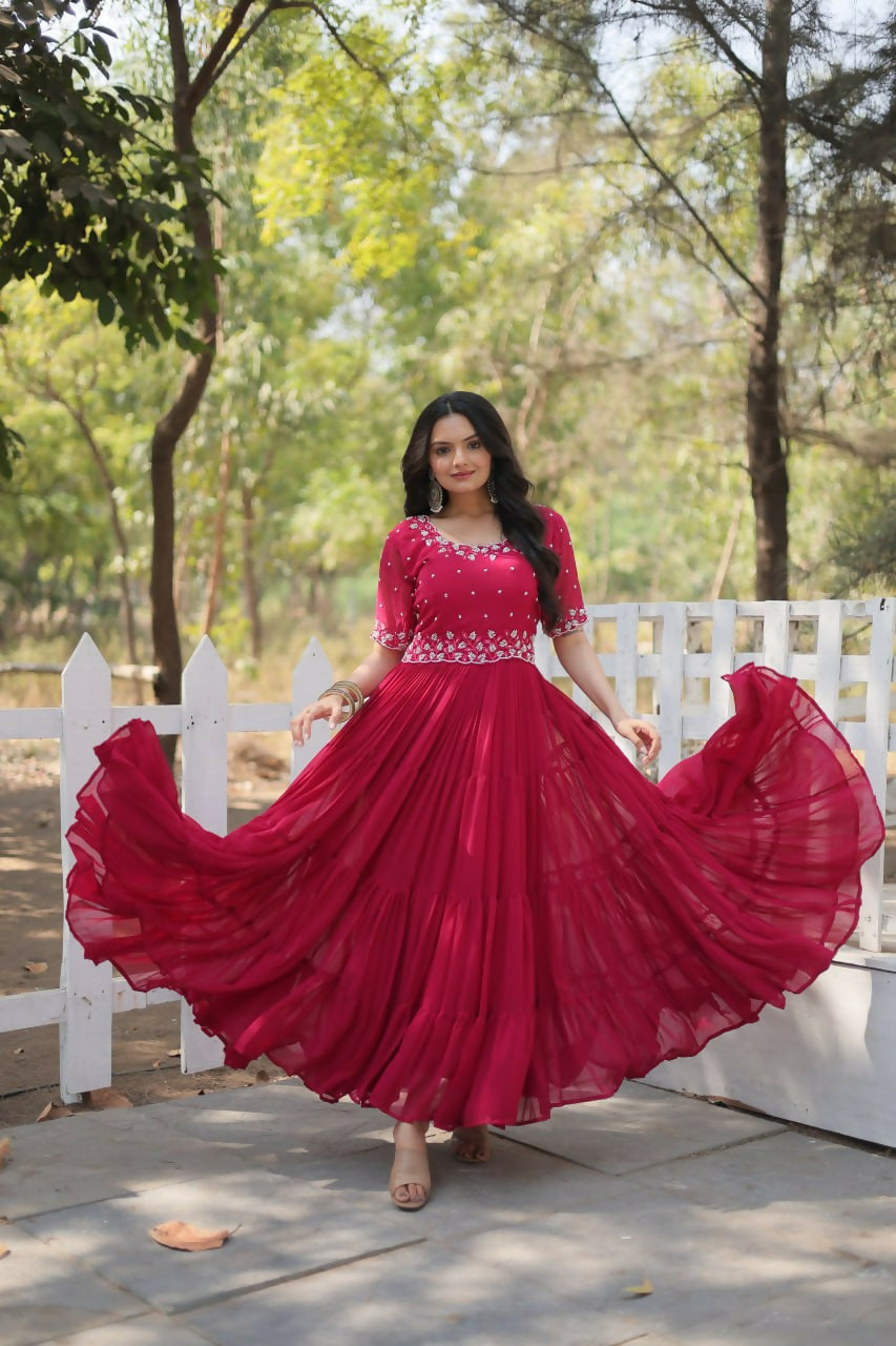 Vastranavya Faux Blooming with Beads embroidery-work Gown - Pink