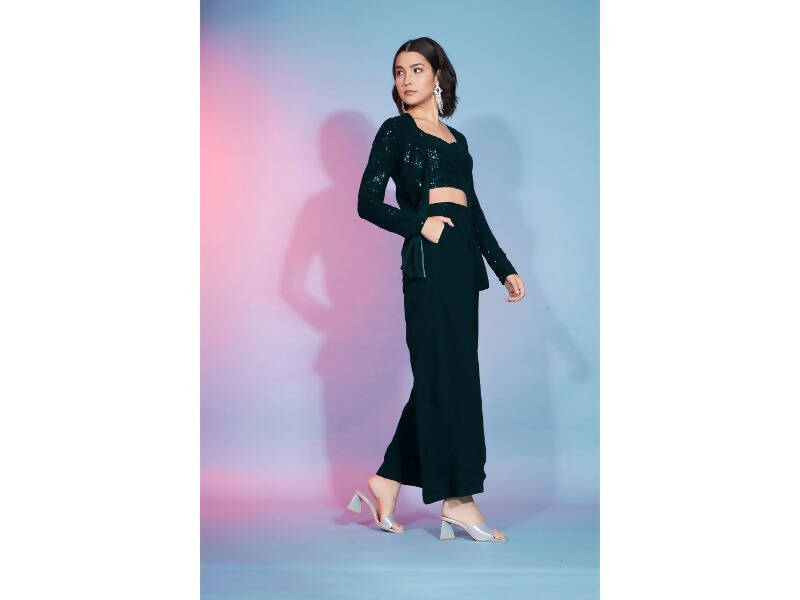 Green Georgette Sequence With Thread Designer Co-Ord Set - Flory