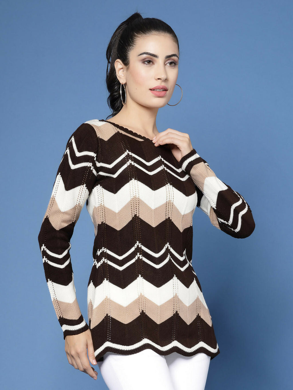 Women Self Design Brown Acrylic Winter Sweater - Wool Trees