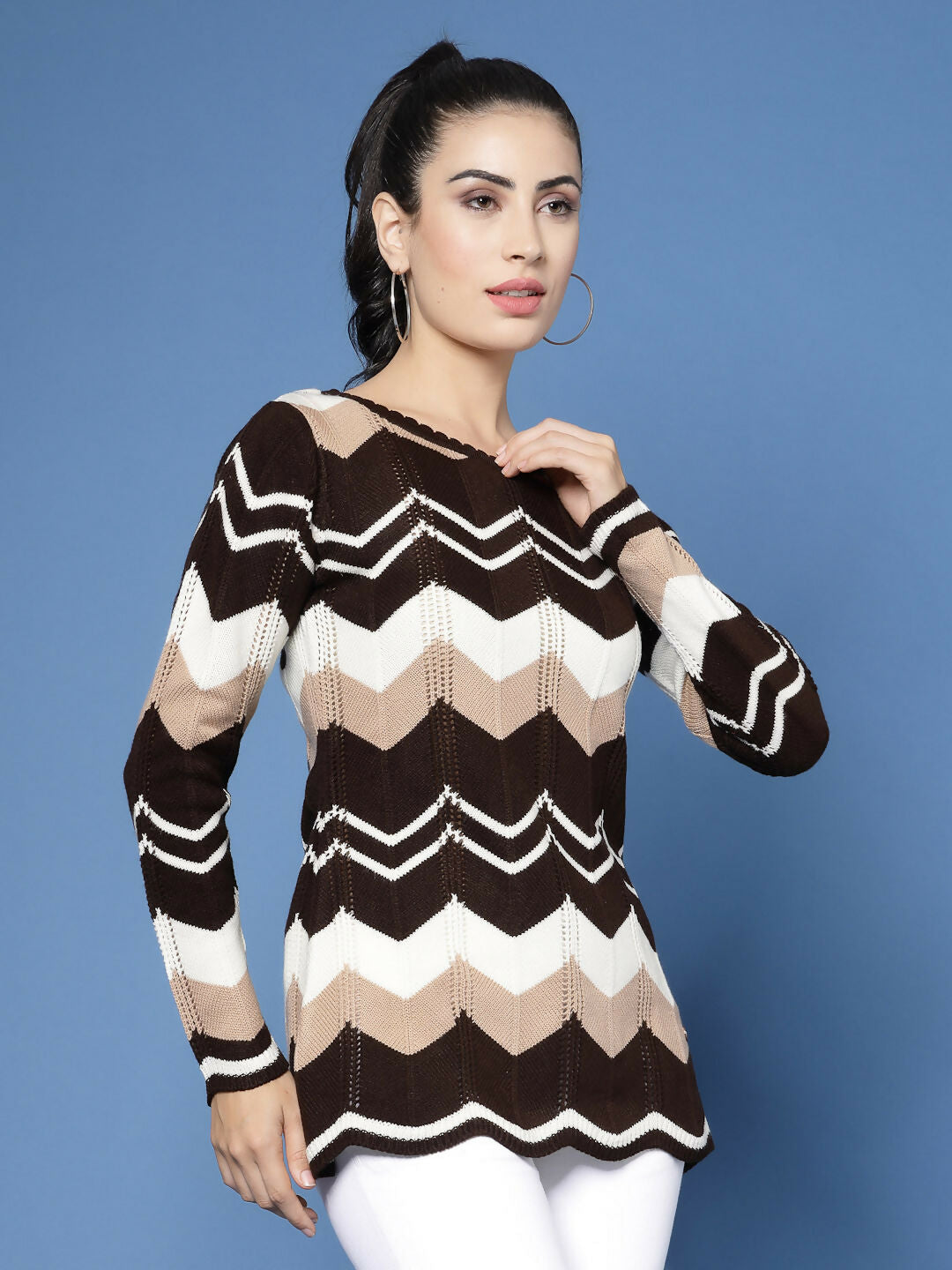 Women Self Design Brown Acrylic Winter Sweater - Wool Trees