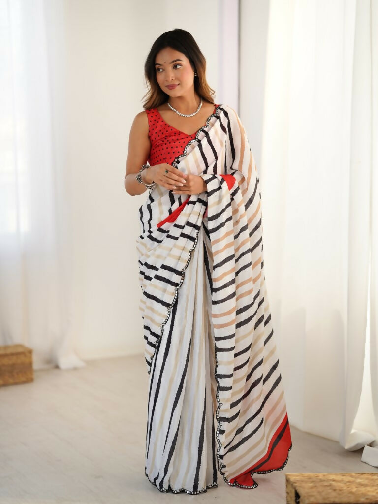 White Chinon Designer Digital Printed,Mirror Cut Work Saree - Sohni