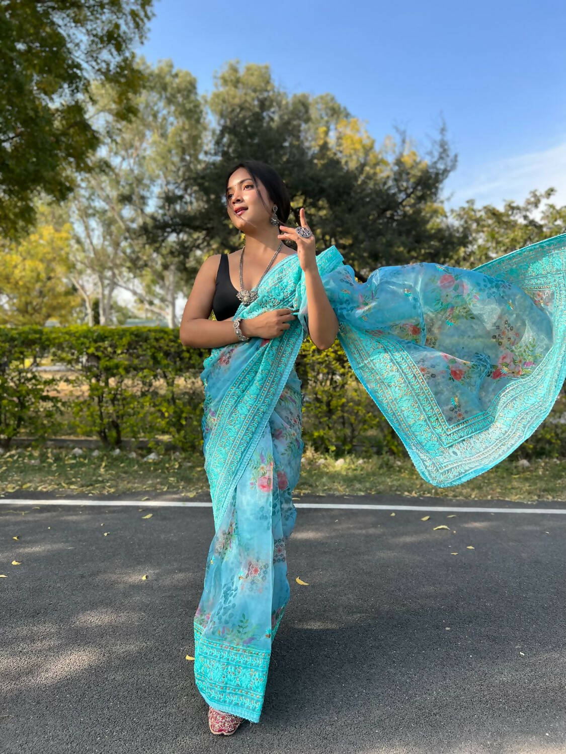 Vamsee Sky Blue Organza Saree